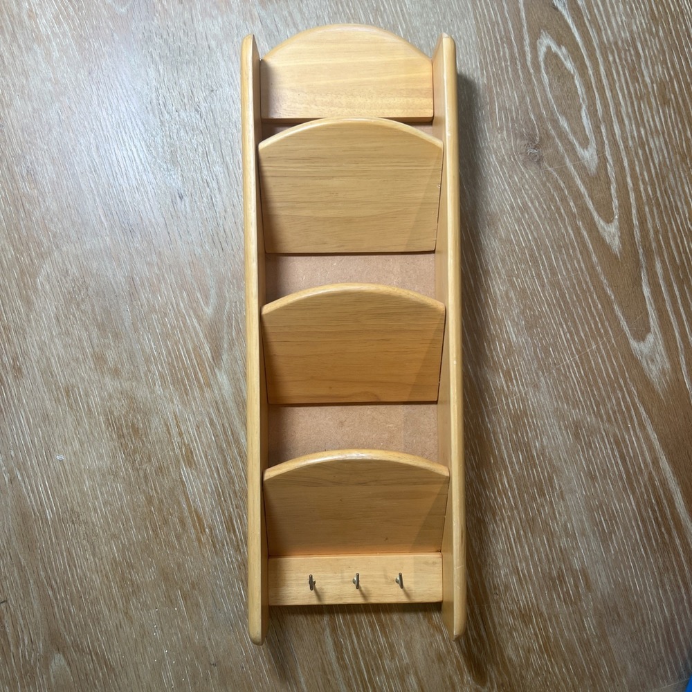 Vintage Wood Letter Bill‎ Organizer 3 Hook Key Holder  3 Wood Pockets for Mail